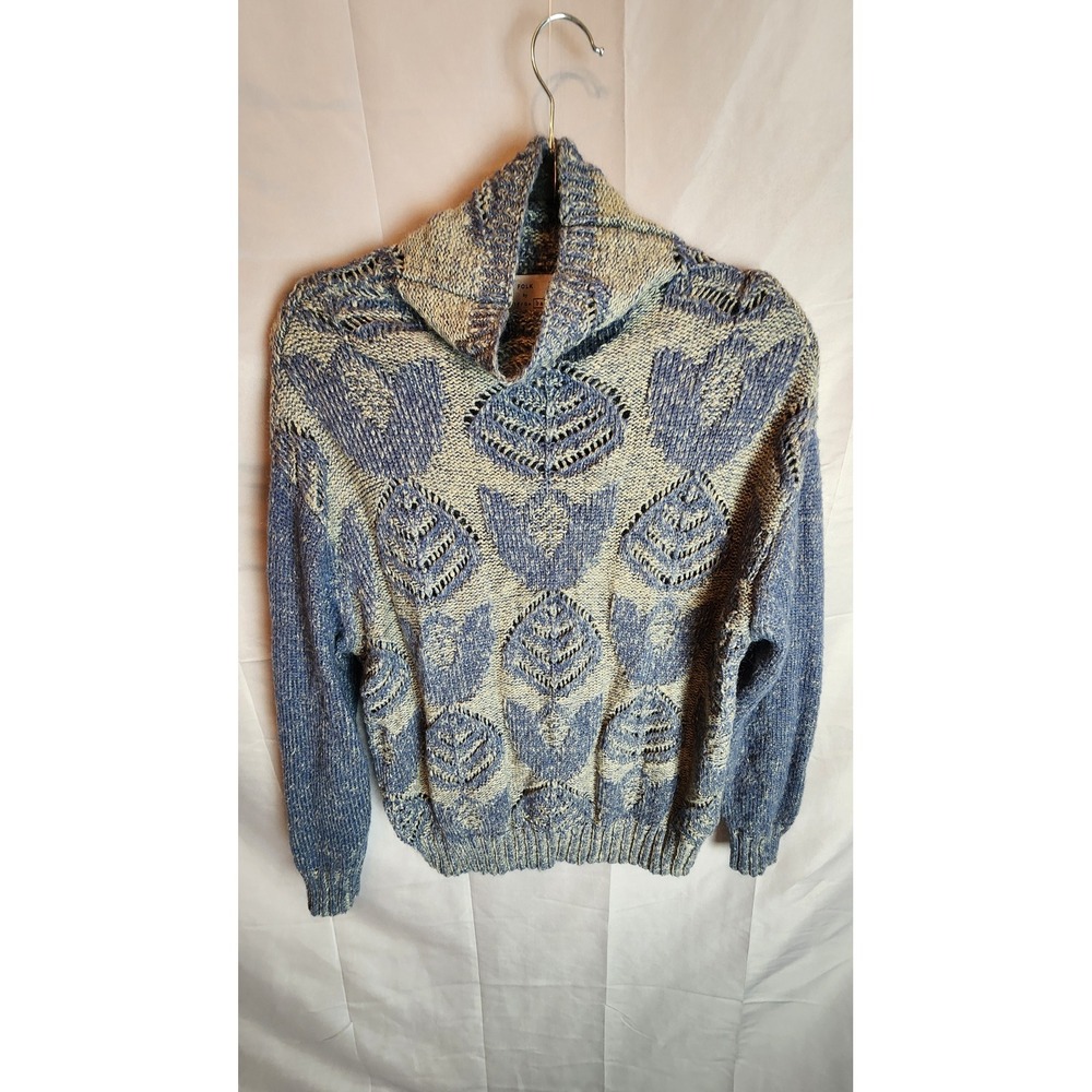 Hansel From Basel Folk Blue Botanical Leaf Mohair Blend Sweater Turtleneck Small